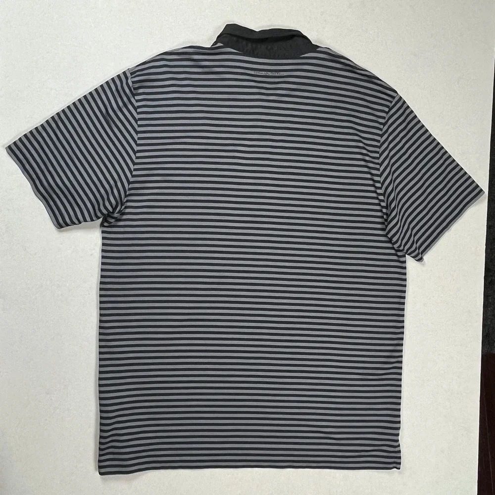 Travis Mathew Polo Shirt Men XL Black Grey Striped Short Sleeve Pima Cotton Logo